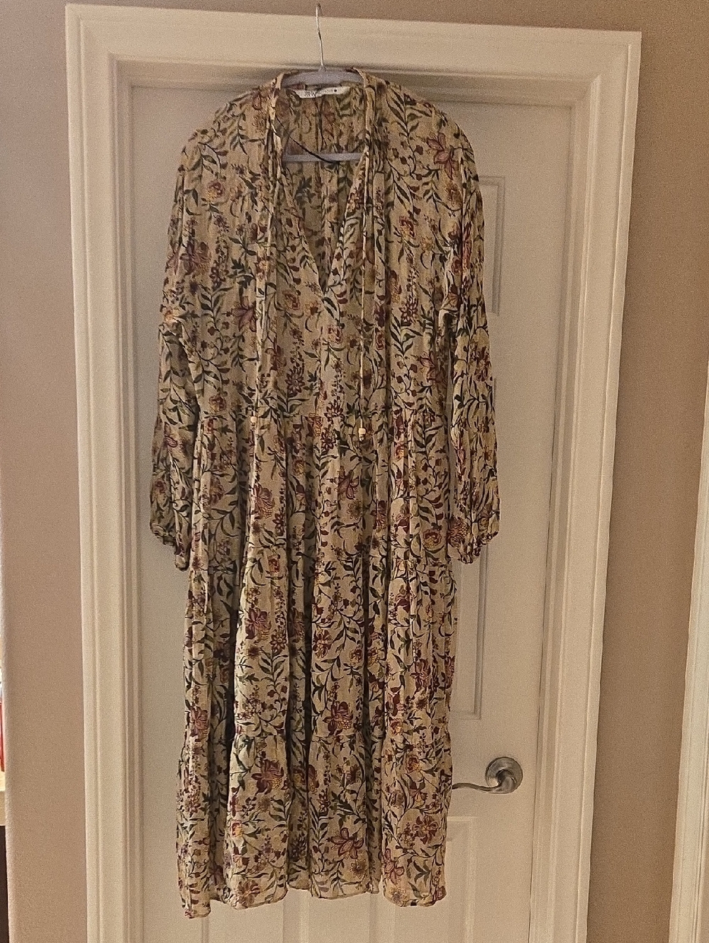 Zara Beige Floral Print Dress with Gold Accents